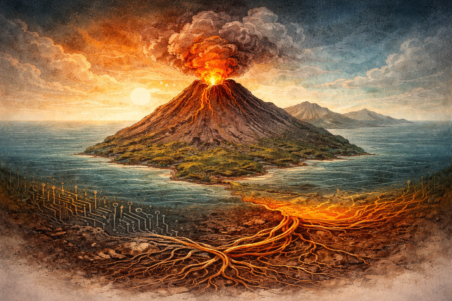 Montserrat volcano symbolic illustration